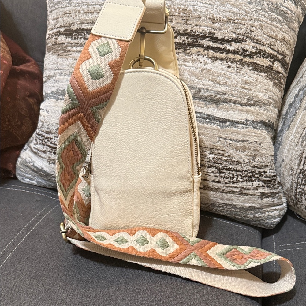 Anthropologie Cream Leather Logo Patch Handbag Label
